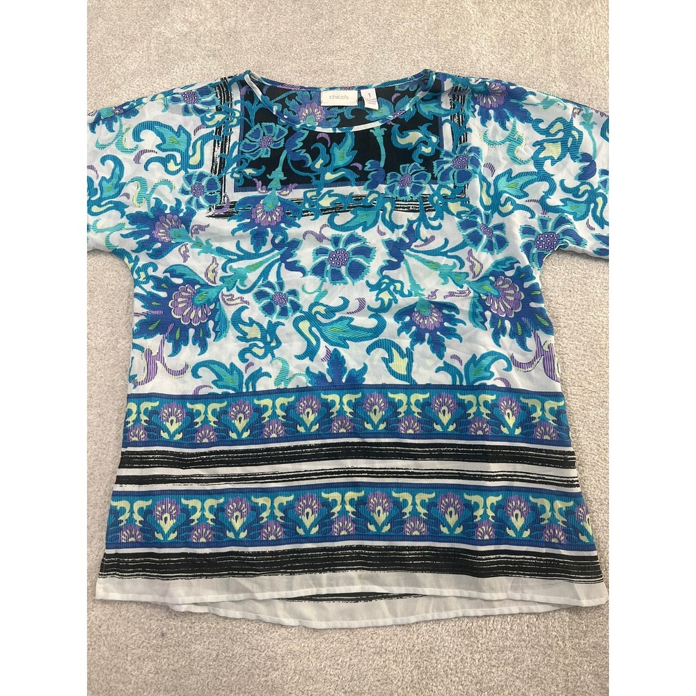 Chicos Womens Blue Floral Paisley Border Print Short Sleeve Blouse Size 1 M - Picture 2 of 7
